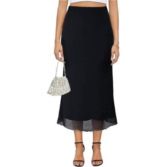 Women's Mesh Midi Skirt Elastic High Waisted Black - Picture 1 of 6